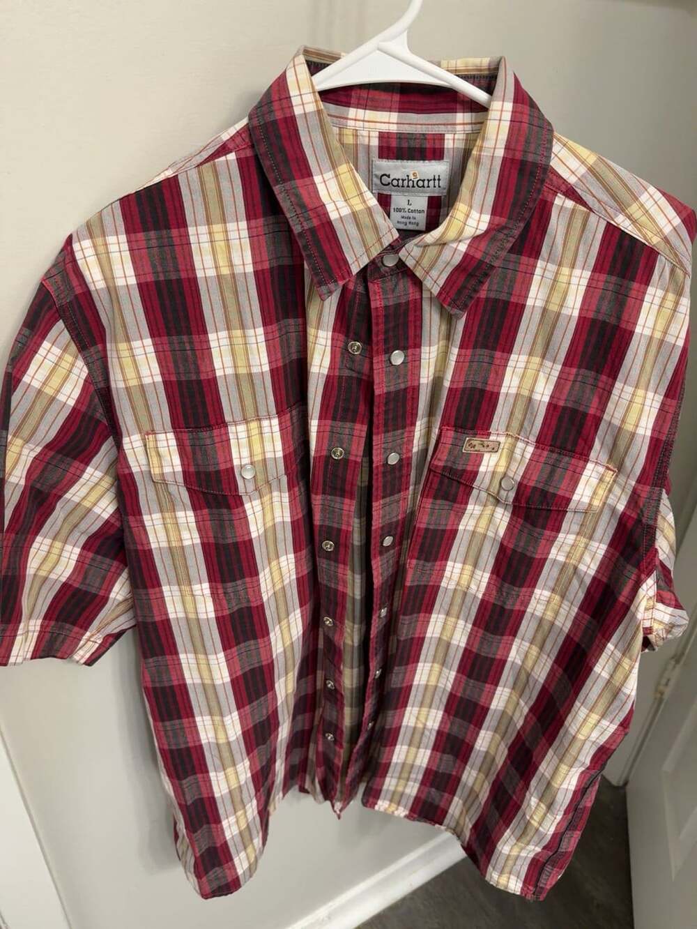 Carhartt Men’s Large Red Plaid Western Shirt Pearl Snap Short Sleeve L
